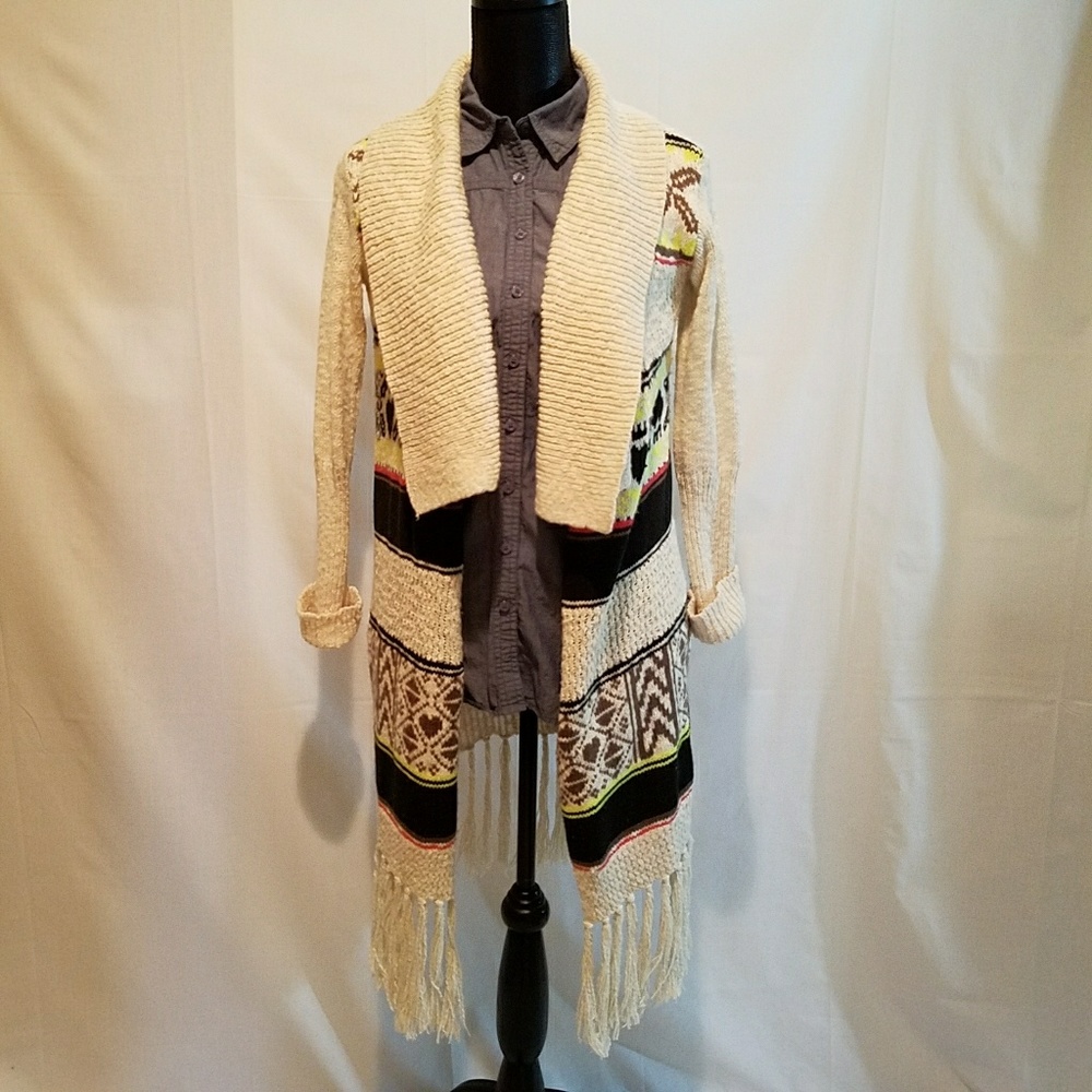LOWEST Fringed Cardigan Cowgirl Western Sweater Cotton Blend Ivory Size XS